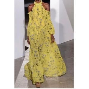 Self-Portrait Cold-Shoulder Printed Pleated Chiffon Maxi Dress In Yellow Print